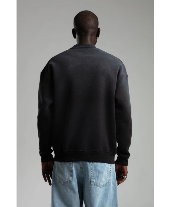 Erkek Owersize İçi Şardonlu Bisiklet Yaka Catch Yazılı Eskitme Sweatshirt - Gri