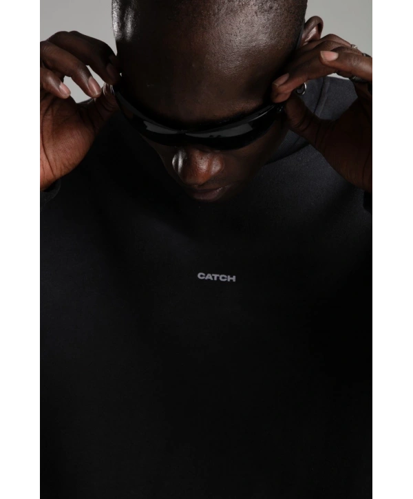 Erkek Owersize İçi Şardonlu Bisiklet Yaka Catch Yazılı Eskitme Sweatshirt - Gri