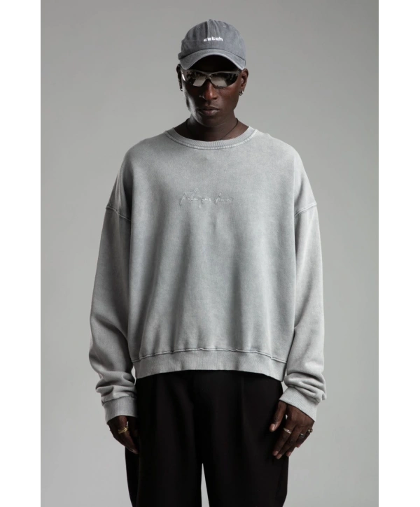 Erkek Owersize İçi Şardonlu Bisiklet Yaka Follow Yazılı Eskitme Sweatshirt - Gri