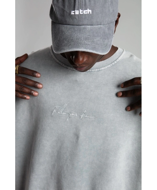 Erkek Owersize İçi Şardonlu Bisiklet Yaka Follow Yazılı Eskitme Sweatshirt - Gri