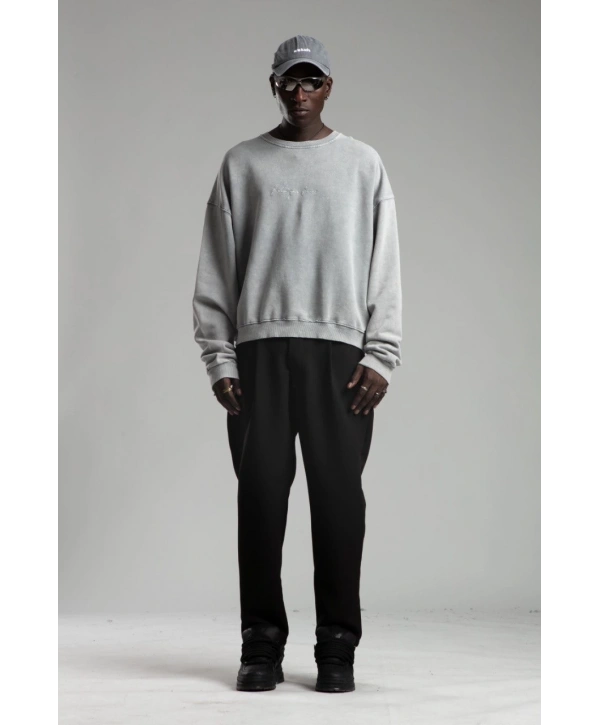 Erkek Owersize İçi Şardonlu Bisiklet Yaka Follow Yazılı Eskitme Sweatshirt - Gri