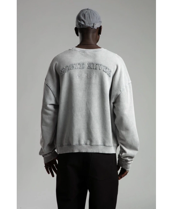 Erkek Owersize İçi Şardonlu Bisiklet Yaka Follow Yazılı Eskitme Sweatshirt - Gri