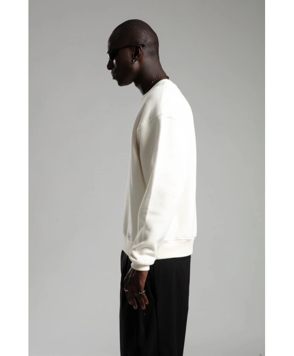 Erkek Owersize İçi Şardonlu Bisiklet Yaka Sweatshirt -Beyaz
