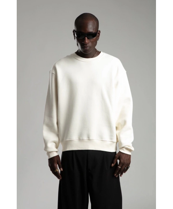 Erkek Owersize İçi Şardonlu Bisiklet Yaka Sweatshirt -Beyaz