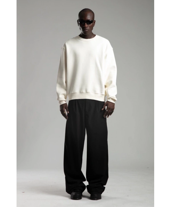 Erkek Owersize İçi Şardonlu Bisiklet Yaka Sweatshirt -Beyaz