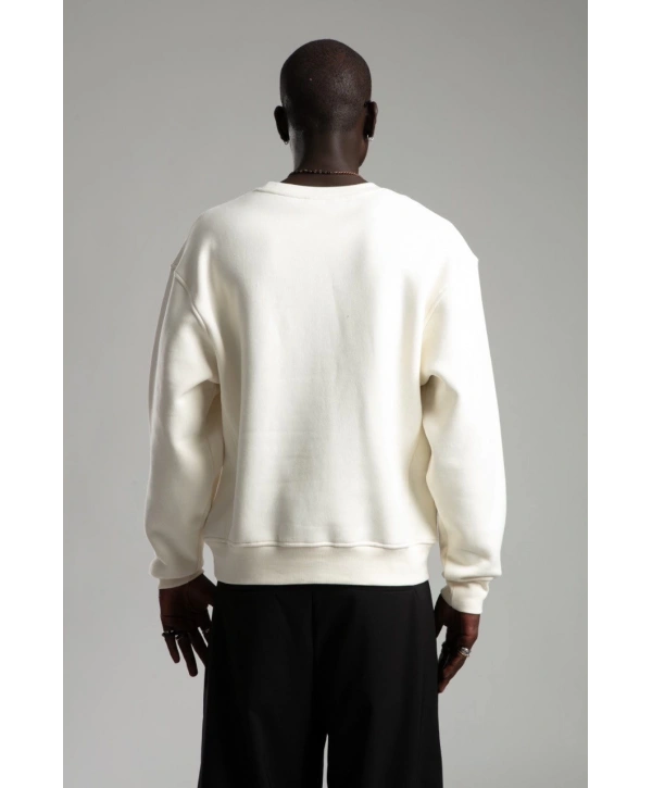 Erkek Owersize İçi Şardonlu Bisiklet Yaka Sweatshirt -Beyaz