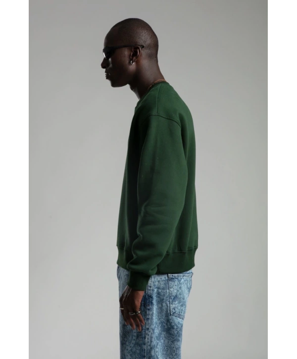 Erkek Owersize İçi Şardonlu Bisiklet Yaka Sweatshirt -Yeşil