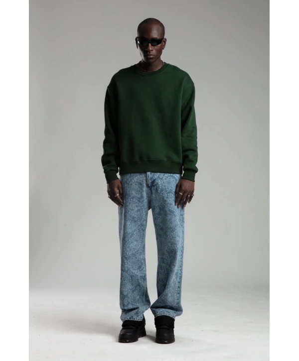 Erkek Owersize İçi Şardonlu Bisiklet Yaka Sweatshirt -Yeşil