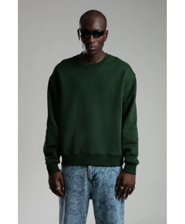 Erkek Owersize İçi Şardonlu Bisiklet Yaka Sweatshirt -Yeşil