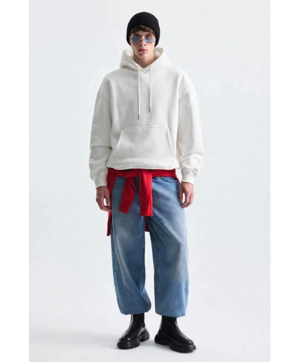Erkek Owersize İçi Şardonlu Kapışonlu Sweatshirt- Beyaz