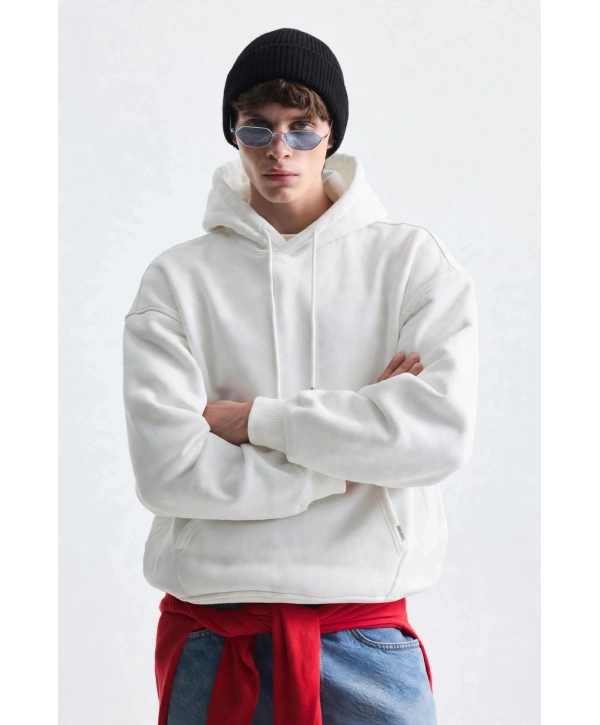 Erkek Owersize İçi Şardonlu Kapışonlu Sweatshirt- Beyaz
