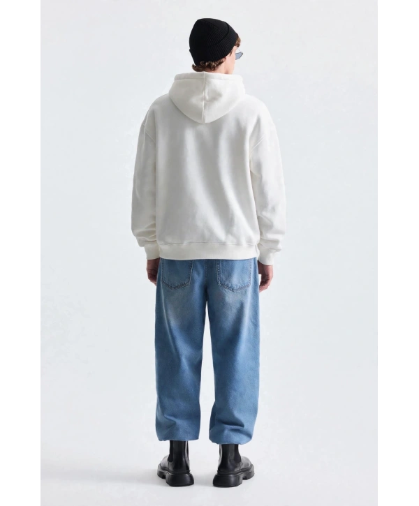 Erkek Owersize İçi Şardonlu Kapışonlu Sweatshirt- Beyaz