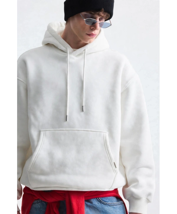 Erkek Owersize İçi Şardonlu Kapışonlu Sweatshirt- Beyaz