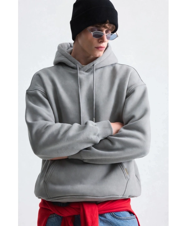Erkek Owersize İçi Şardonlu Kapışonlu Sweatshirt- Gri