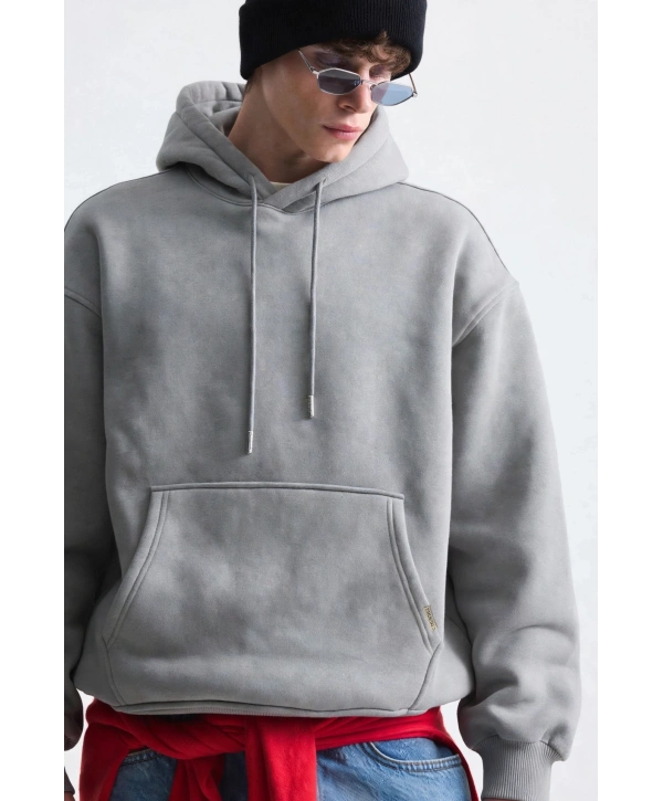 Erkek Owersize İçi Şardonlu Kapışonlu Sweatshirt- Gri