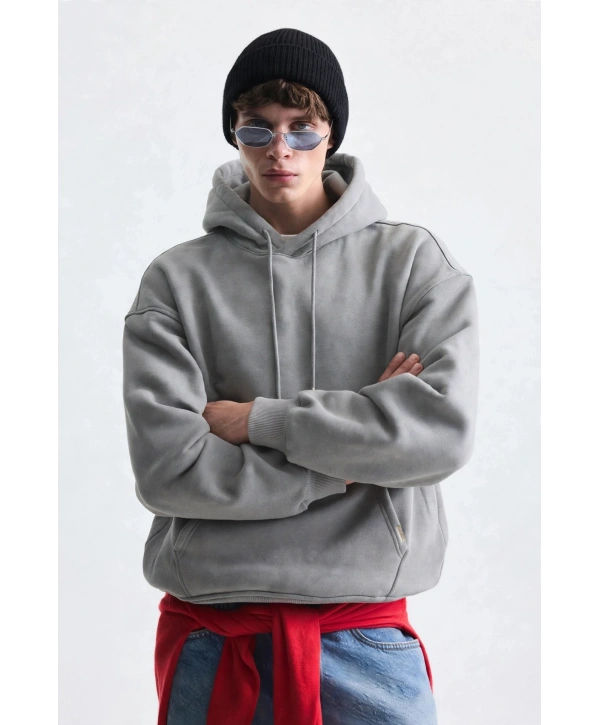 Erkek Owersize İçi Şardonlu Kapışonlu Sweatshirt- Gri