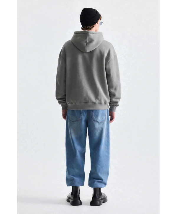 Erkek Owersize İçi Şardonlu Kapışonlu Sweatshirt- Gri