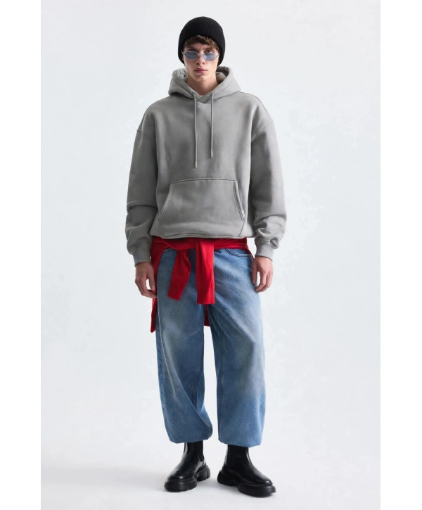 Erkek Owersize İçi Şardonlu Kapışonlu Sweatshirt- Gri