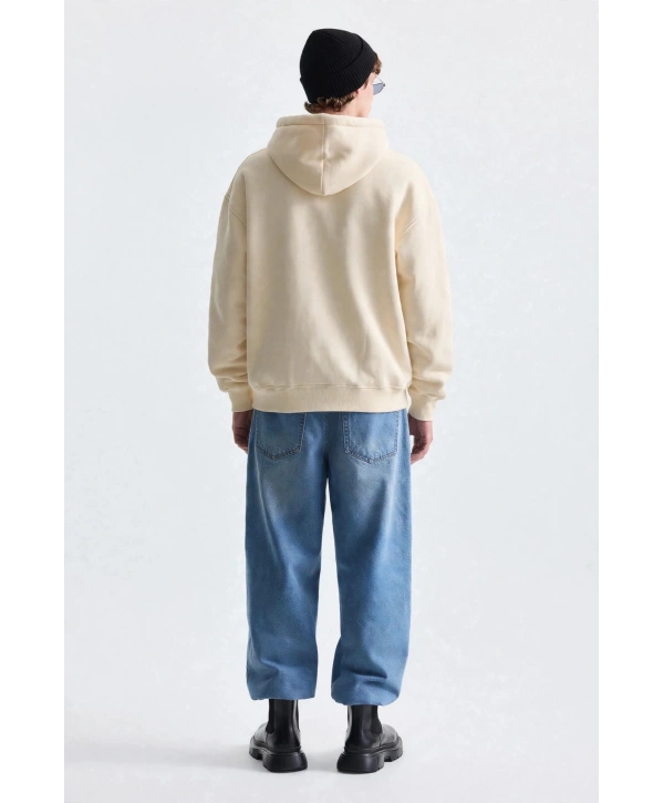 Erkek Owersize İçi Şardonlu Kapışonlu Sweatshirt- Krem