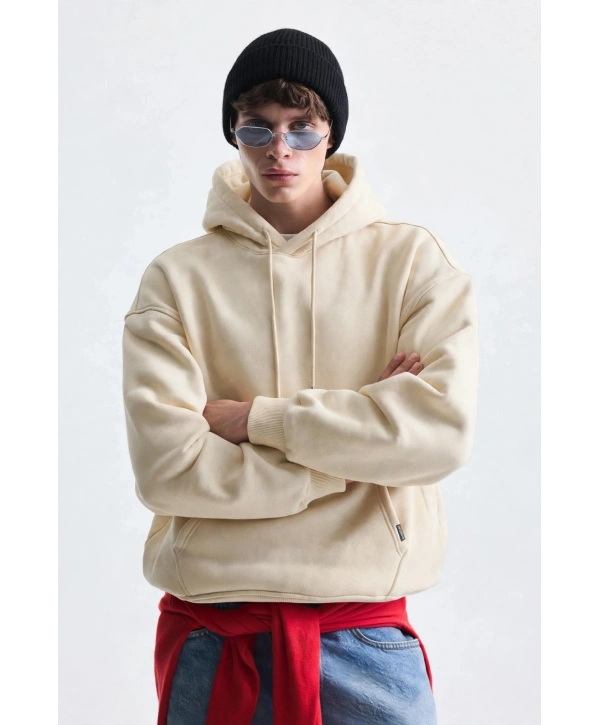 Erkek Owersize İçi Şardonlu Kapışonlu Sweatshirt- Krem