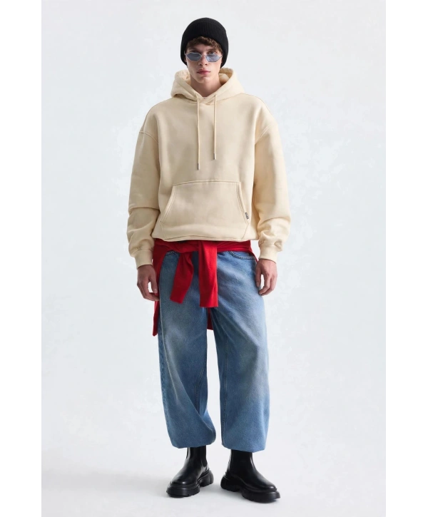 Erkek Owersize İçi Şardonlu Kapışonlu Sweatshirt- Krem