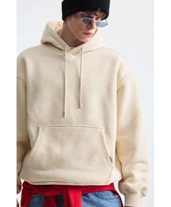 Erkek Owersize İçi Şardonlu Kapışonlu Sweatshirt- Krem