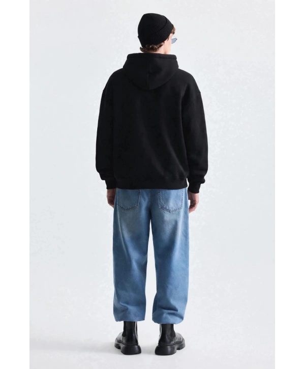 Erkek Owersize İçi Şardonlu Kapışonlu Sweatshirt-Siyah