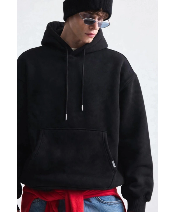 Erkek Owersize İçi Şardonlu Kapışonlu Sweatshirt-Siyah