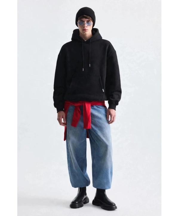 Erkek Owersize İçi Şardonlu Kapışonlu Sweatshirt-Siyah