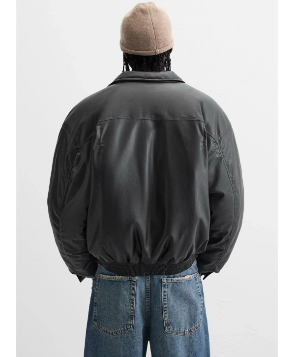 Erkek Owersize Jel Dolgu Deri Mont-Siyah