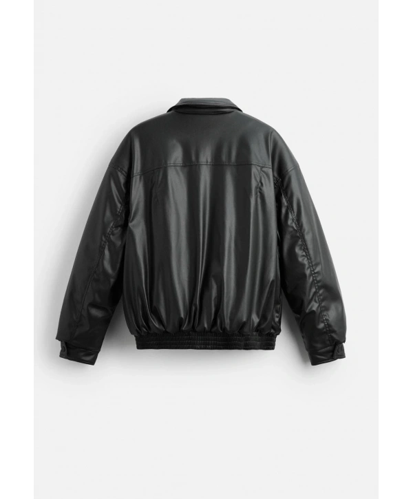 Erkek Owersize Jel Dolgu Deri Mont-Siyah