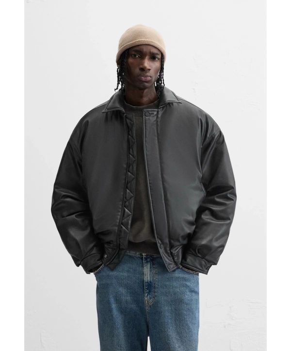 Erkek Owersize Jel Dolgu Deri Mont-Siyah