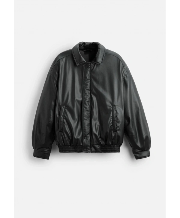 Erkek Owersize Jel Dolgu Deri Mont-Siyah