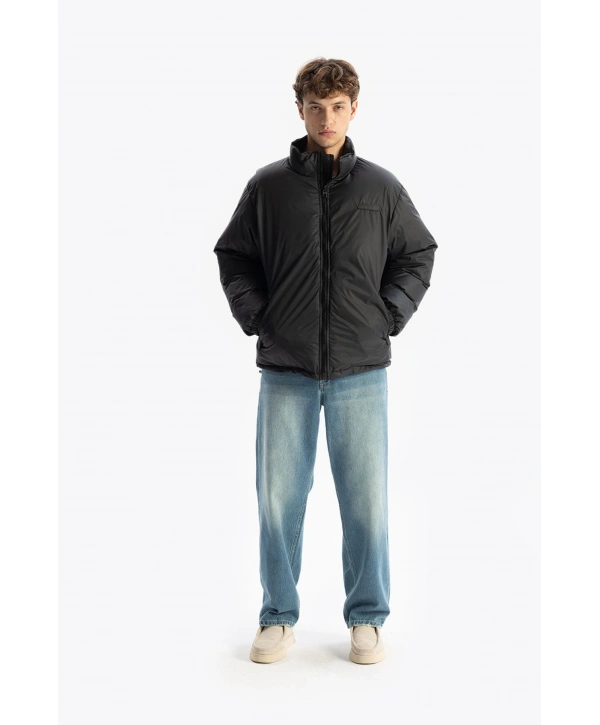Erkek Owersize Jel Dolgu Şişme Mont-Siyah