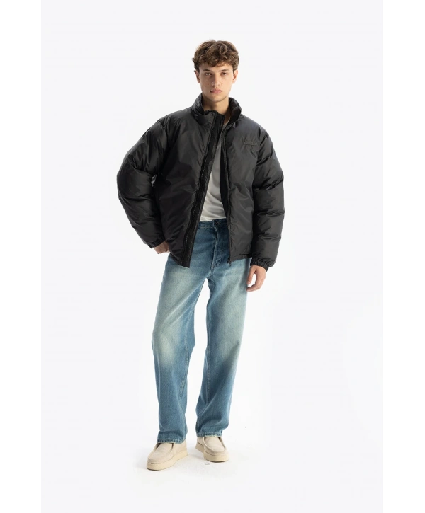 Erkek Owersize Jel Dolgu Şişme Mont-Siyah