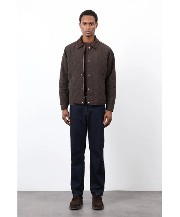 Erkek Owersize Kalıp Yakası Kadife Baklava Desenli Mont- Haki