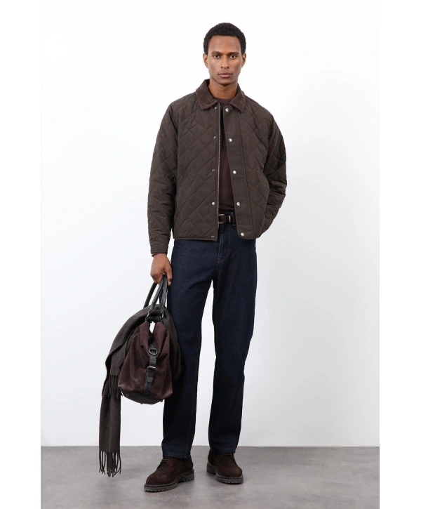 Erkek Owersize Kalıp Yakası Kadife Baklava Desenli Mont- Haki