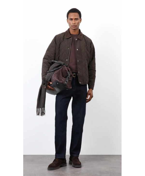 Erkek Owersize Kalıp Yakası Kadife Baklava Desenli Mont- Haki