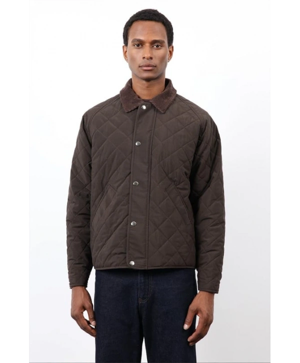 Erkek Owersize Kalıp Yakası Kadife Baklava Desenli Mont- Haki