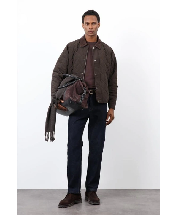 Erkek Owersize Kalıp Yakası Kadife Baklava Desenli Mont- Haki