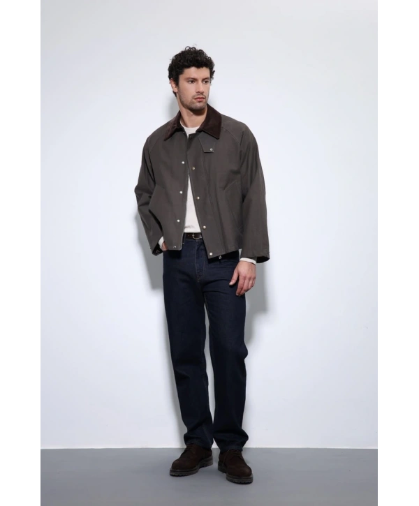 Erkek Owersize Kalıp Yakası Kadife Mont- Kahverengi