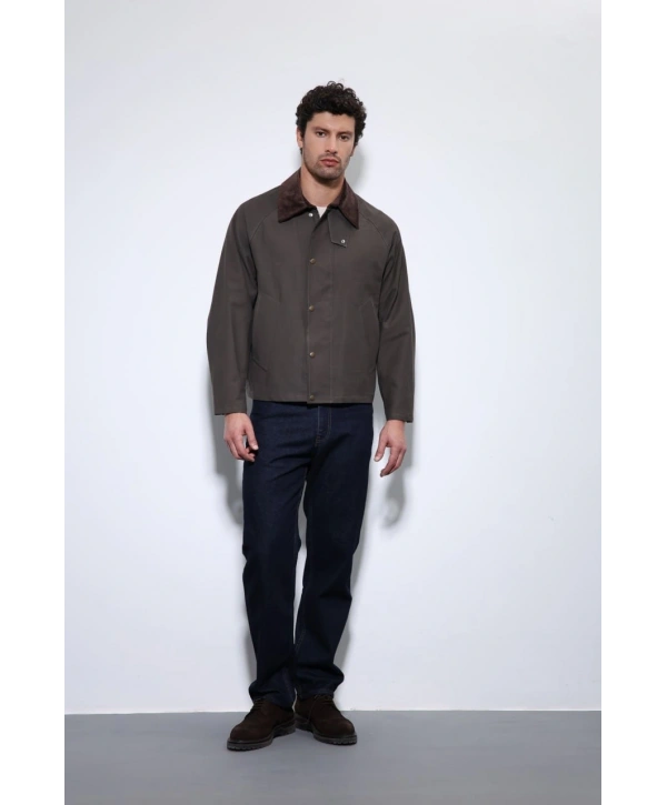 Erkek Owersize Kalıp Yakası Kadife Mont- Kahverengi