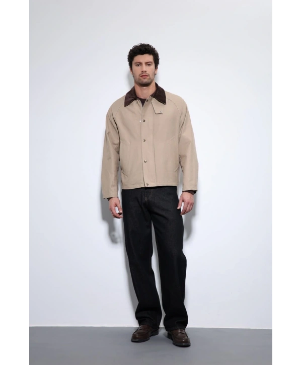 Erkek Owersize Kalıp Yakası Kadife Mont- Krem