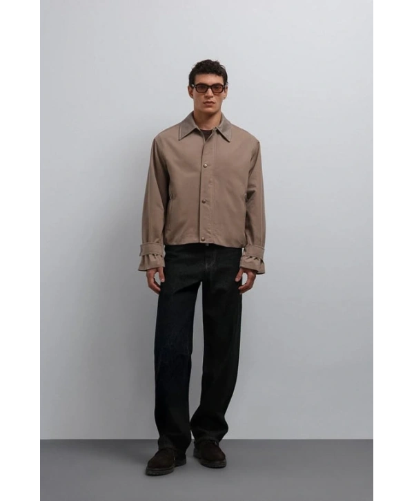 Erkek Owersize Kalıp Yakası Kadife Mont- Krem