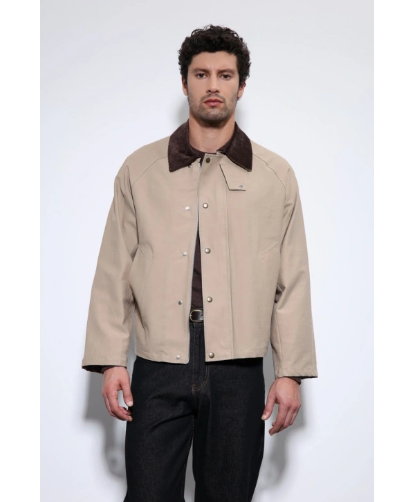 Erkek Owersize Kalıp Yakası Kadife Mont- Krem