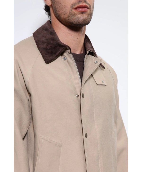 Erkek Owersize Kalıp Yakası Kadife Mont- Krem