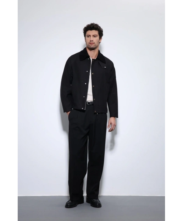 Erkek Owersize Kalıp Yakası Kadife Mont- Siyah