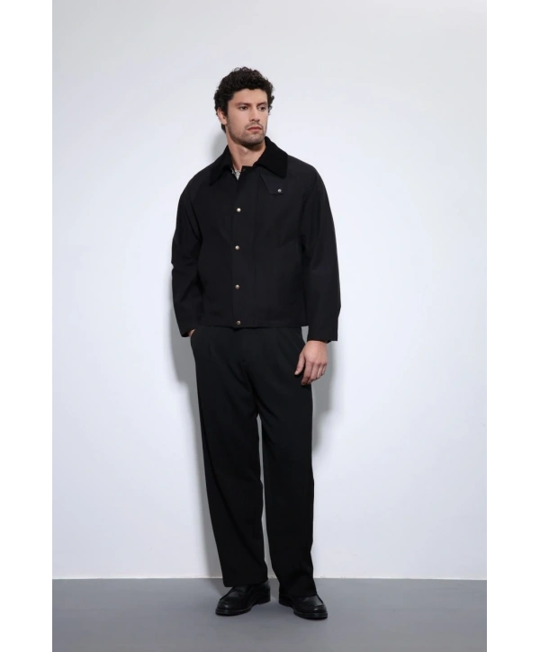 Erkek Owersize Kalıp Yakası Kadife Mont- Siyah