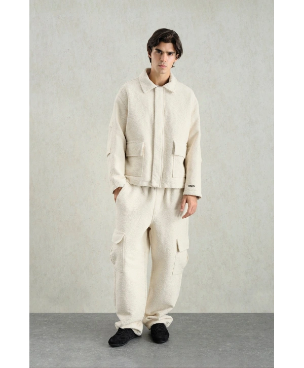 Erkek Owersize Kaşe Bomber Kendinden Desenli Mont -Bej