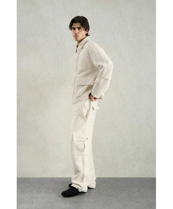 Erkek Owersize Kaşe Bomber Kendinden Desenli Mont -Bej